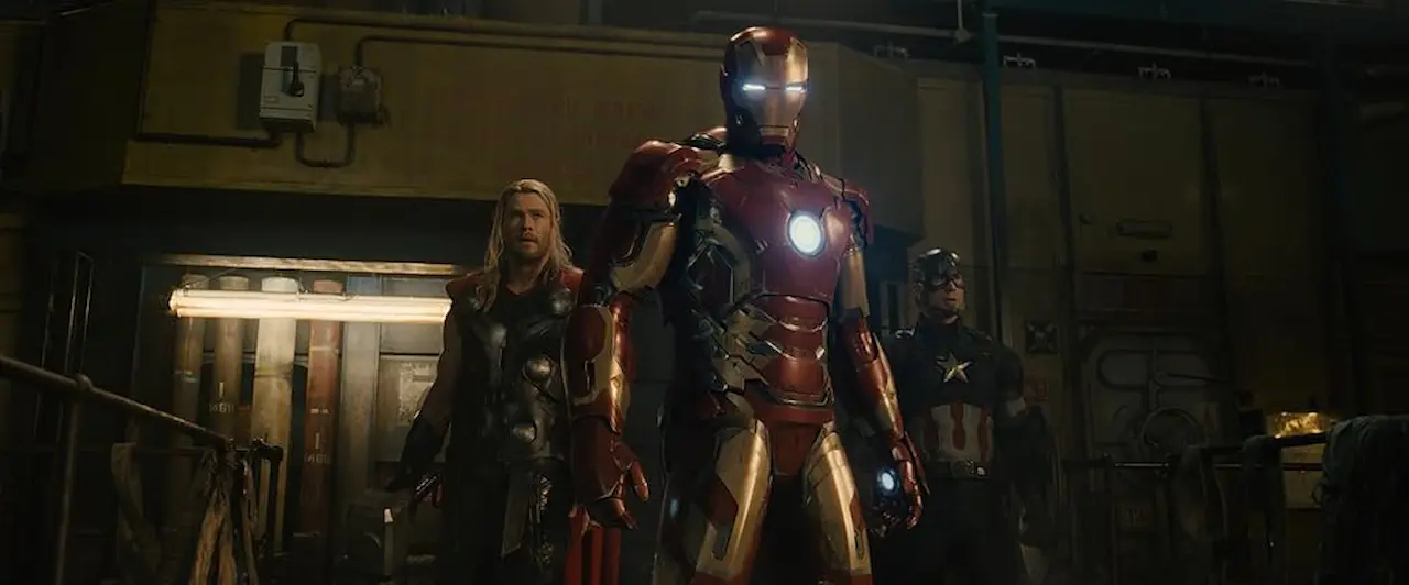 Robert Downey Jr., Chris Evans e Chris Hemsworth in Avengers Age of Ultron