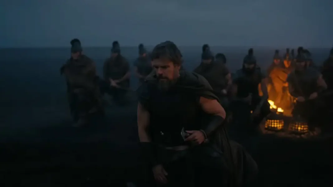 matt damon in ginocchio al fiume Stige in Odissea