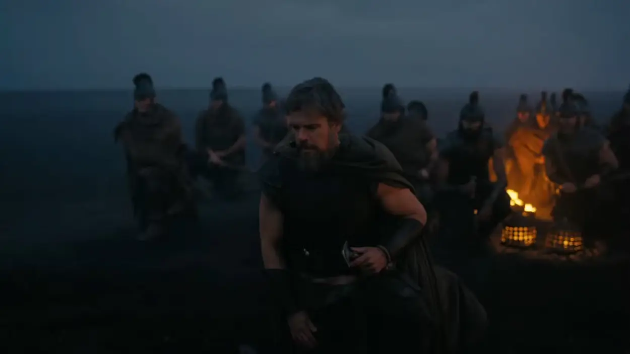 matt damon in ginocchio al fiume Stige in Odissea
